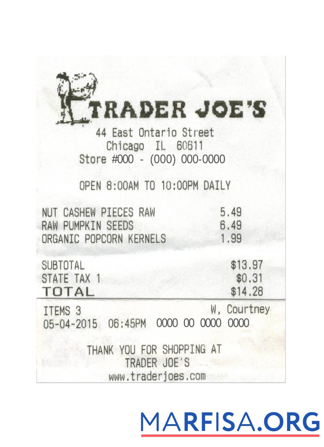 Printable TRADER JOE'S cash receipt real example